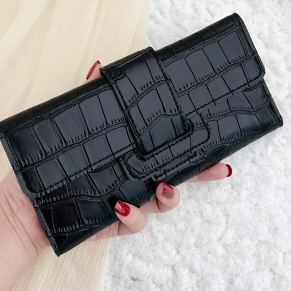Handbags - Black Crocodile Embossed Fold Over Long Wallet